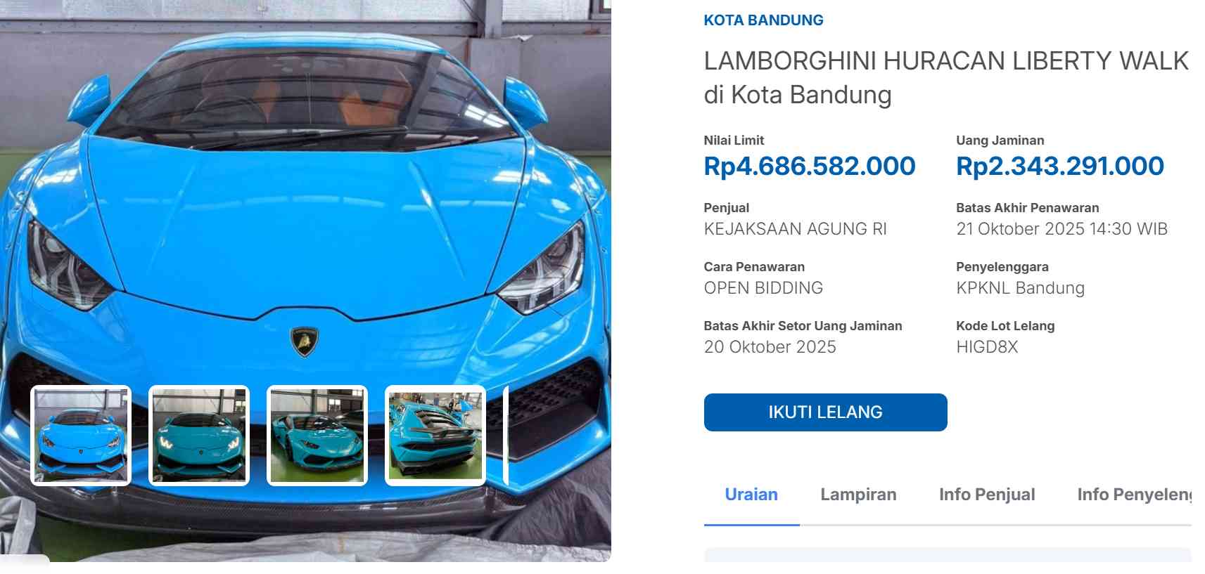 Kejagung Lelang 12 Mobil dan Motor Mewah Doni Salmanan, Termasuk Lamborghini Rp4,6 Miliar