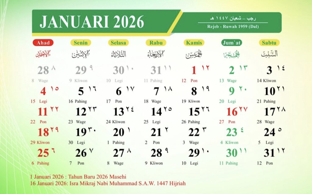 Tanggal Merah dan Cuti Bersama Januari 2026, Ada Long Weekend!