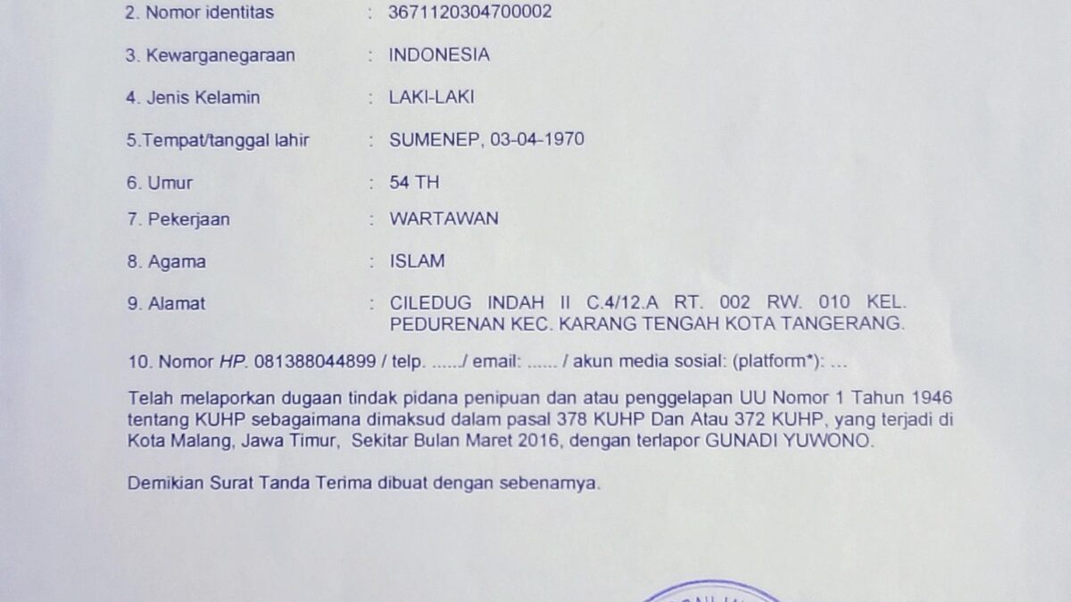 Dugaan Penggelapan Uang Rp 500 Juta:Penyelidikan Berlarut-larut, Pelapor Soroti Kinerja Polresta Malang yang Tidak Presisi Dugaan Penggelapan Uang Rp 500 Juta:Penyelidikan Berlarut-larut, Pelapor Soroti Kinerja Polresta Malang yang Tidak Presisi