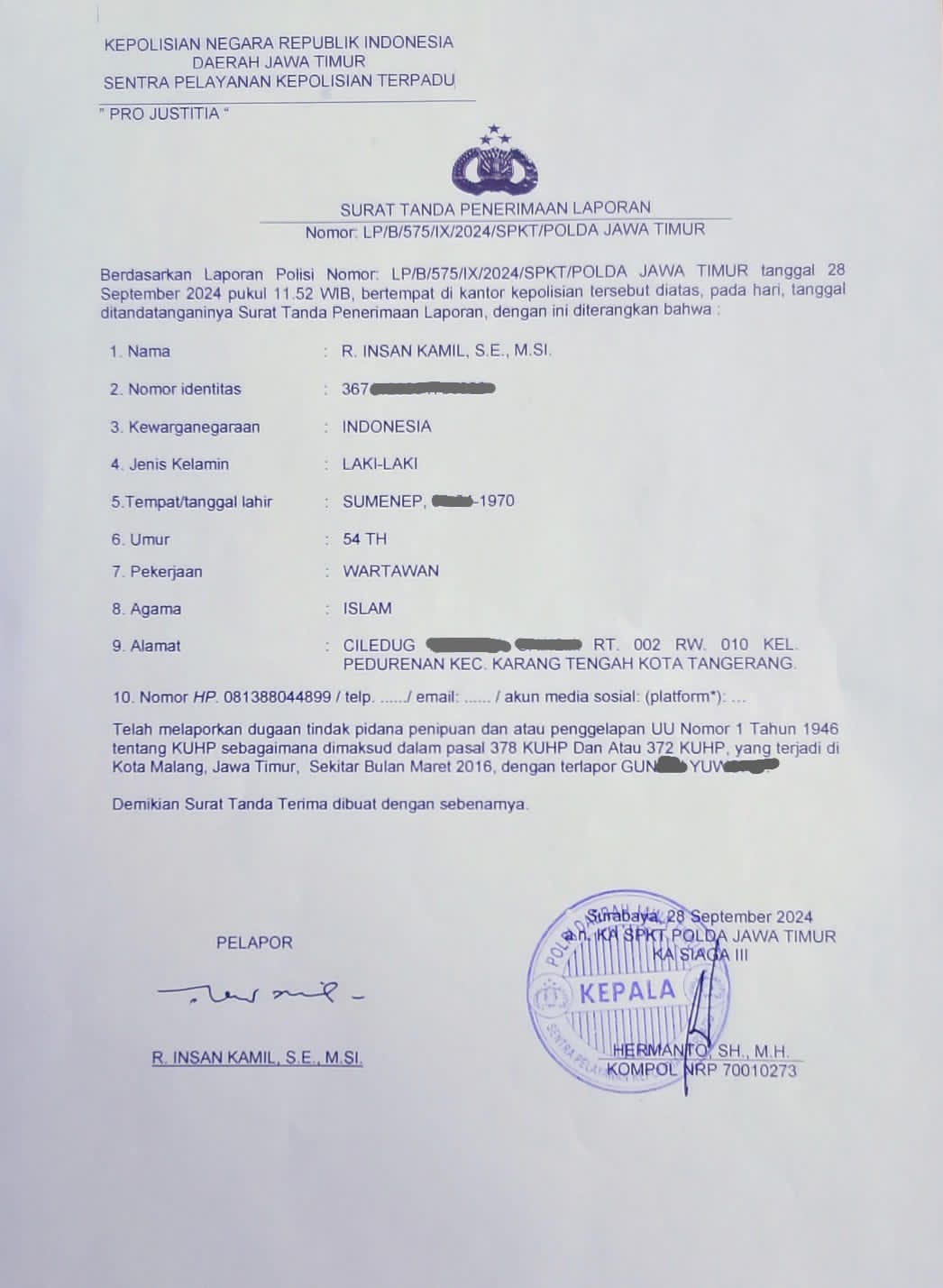 Dugaan Penggelapan Uang Rp 500 Juta:Penyelidikan Berlarut-larut, Pelapor Soroti Kinerja Polresta Malang yang Tidak Presisi