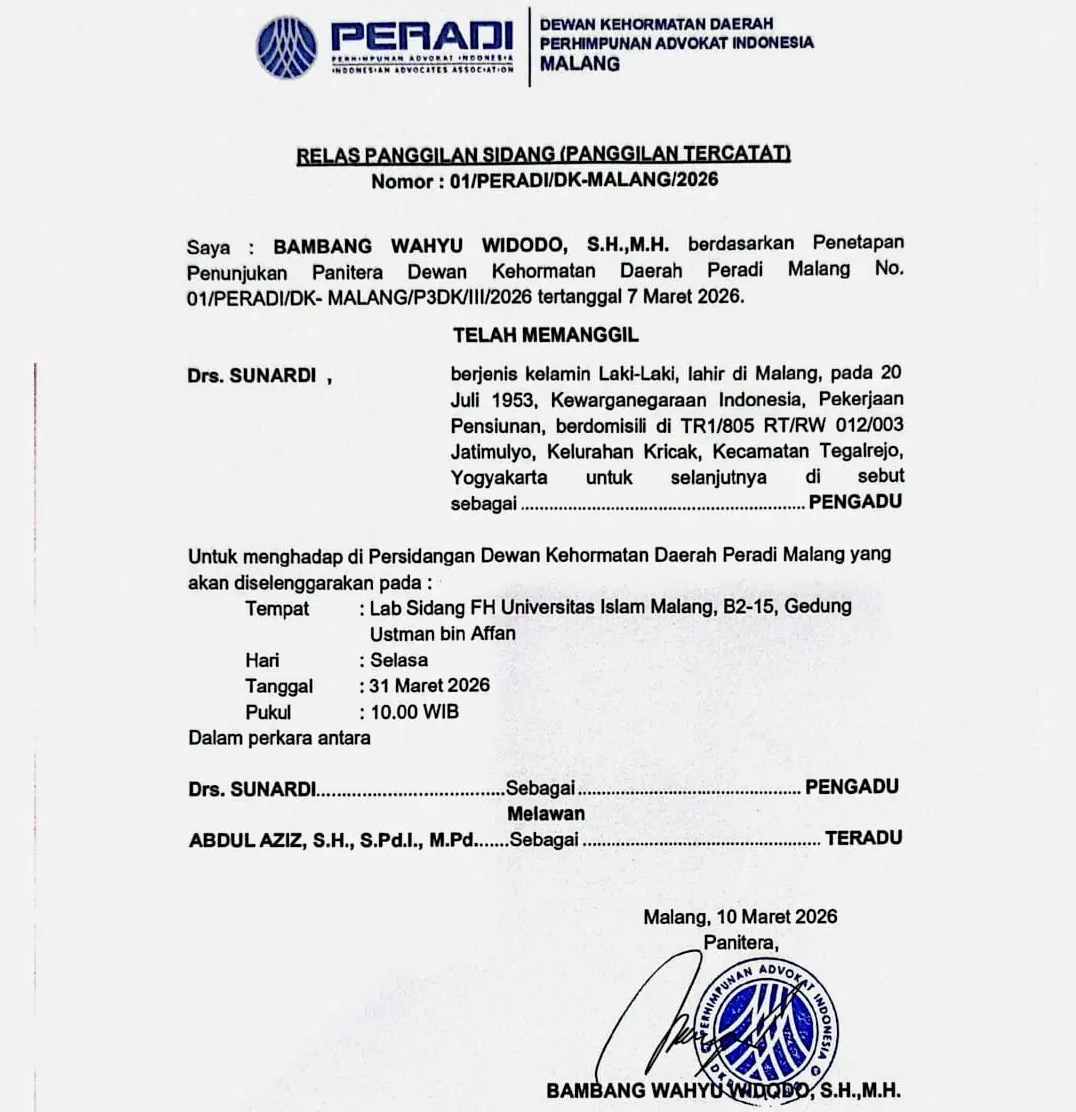 Sidang Etik Advokat di Malang Digelar, Kasus Dugaan Pengkhianatan Klien Disorot Sidang Etik Advokat di Malang Digelar, Kasus Dugaan Pengkhianatan Klien Disorot