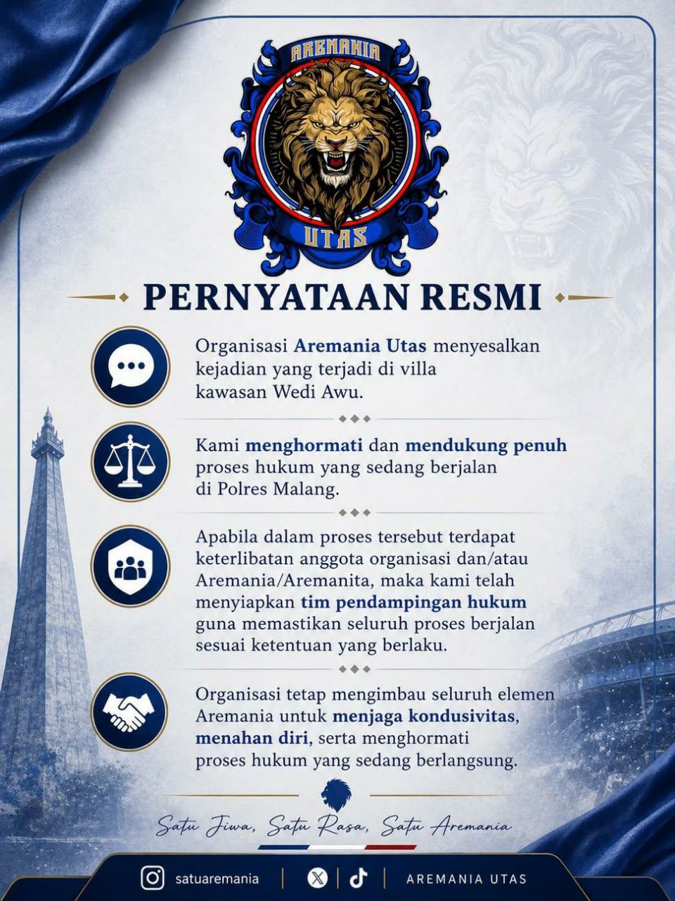 Aremania Utas Buka Suara soal Insiden Wedi Awu, Dukung Proses Hukum dan Imbau Suporter Tahan Diri