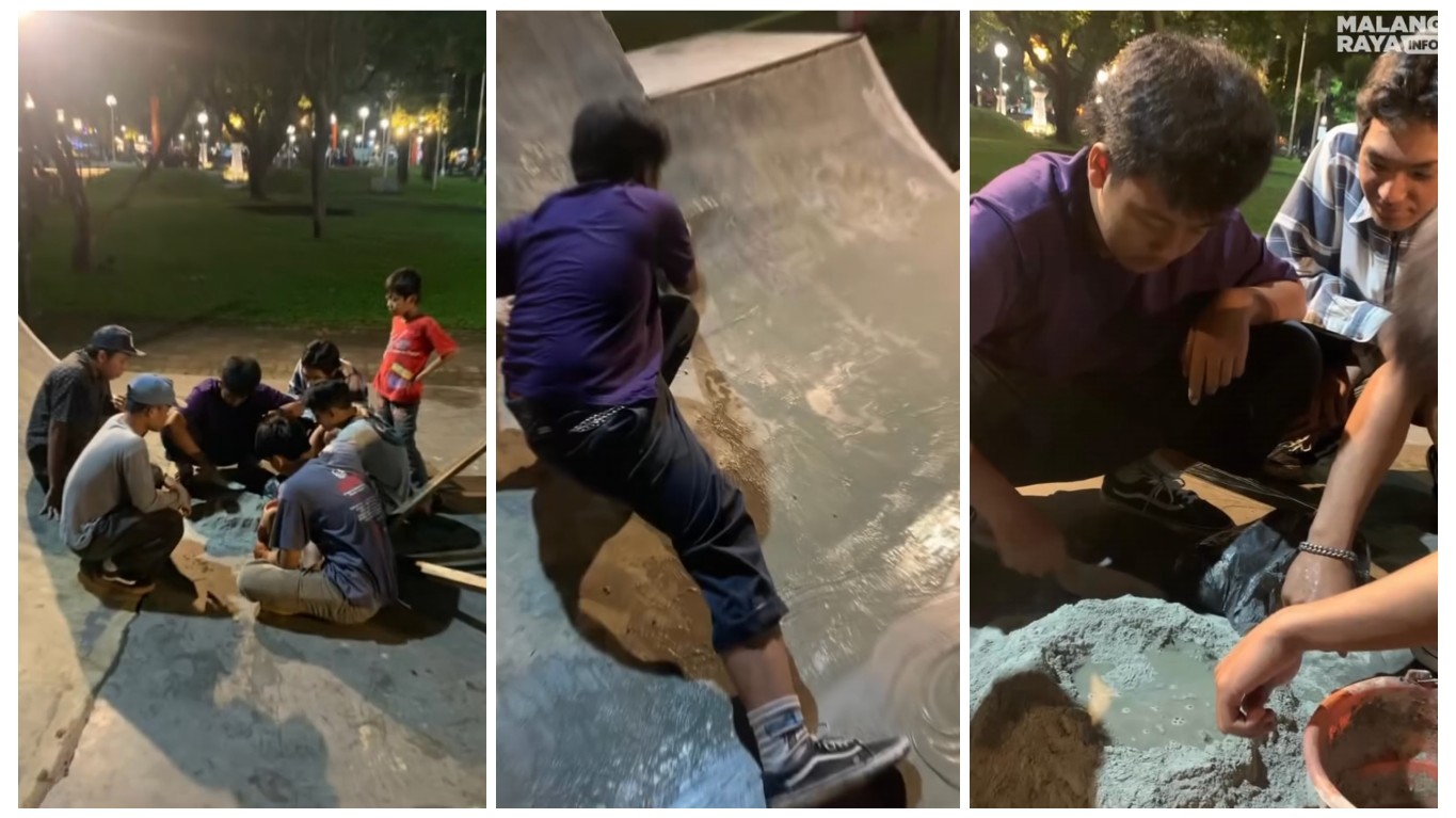 Skateboarder Malang Perbaiki Sendiri Arena Skatepark Alun-alun Merdeka yang Rusak