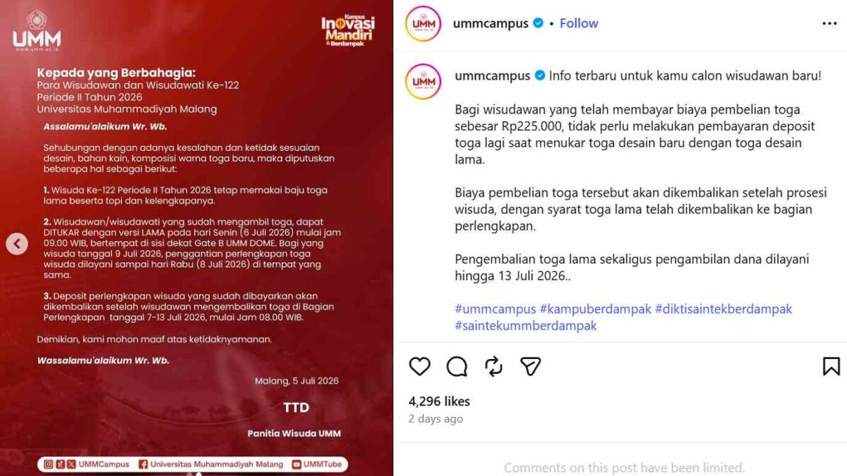 UMM Kembalikan Biaya Toga Baru, Wisudawan Pakai Toga Lama Saat Wisuda