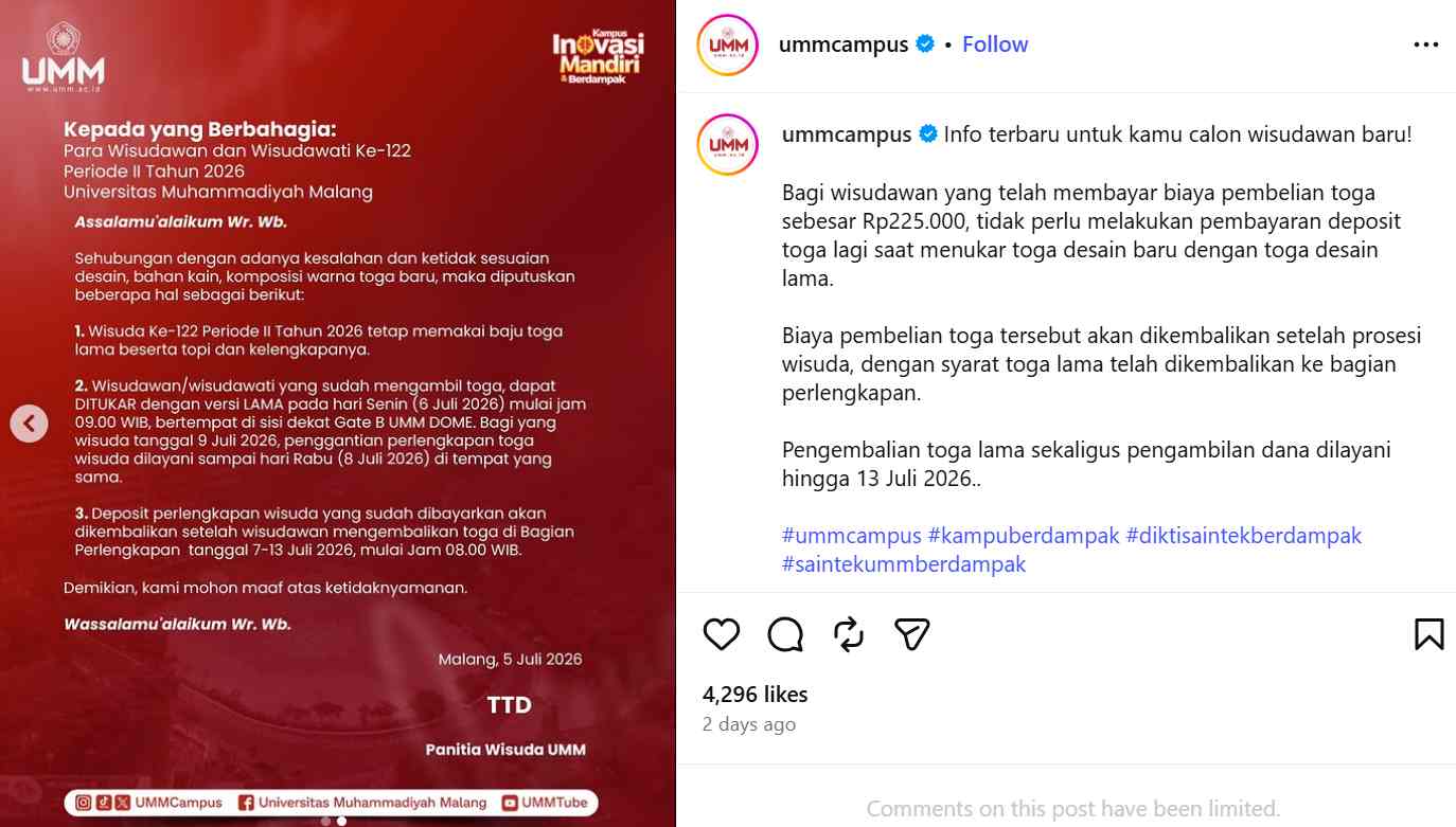 UMM Kembalikan Biaya Toga Baru, Wisudawan Pakai Toga Lama Saat Wisuda