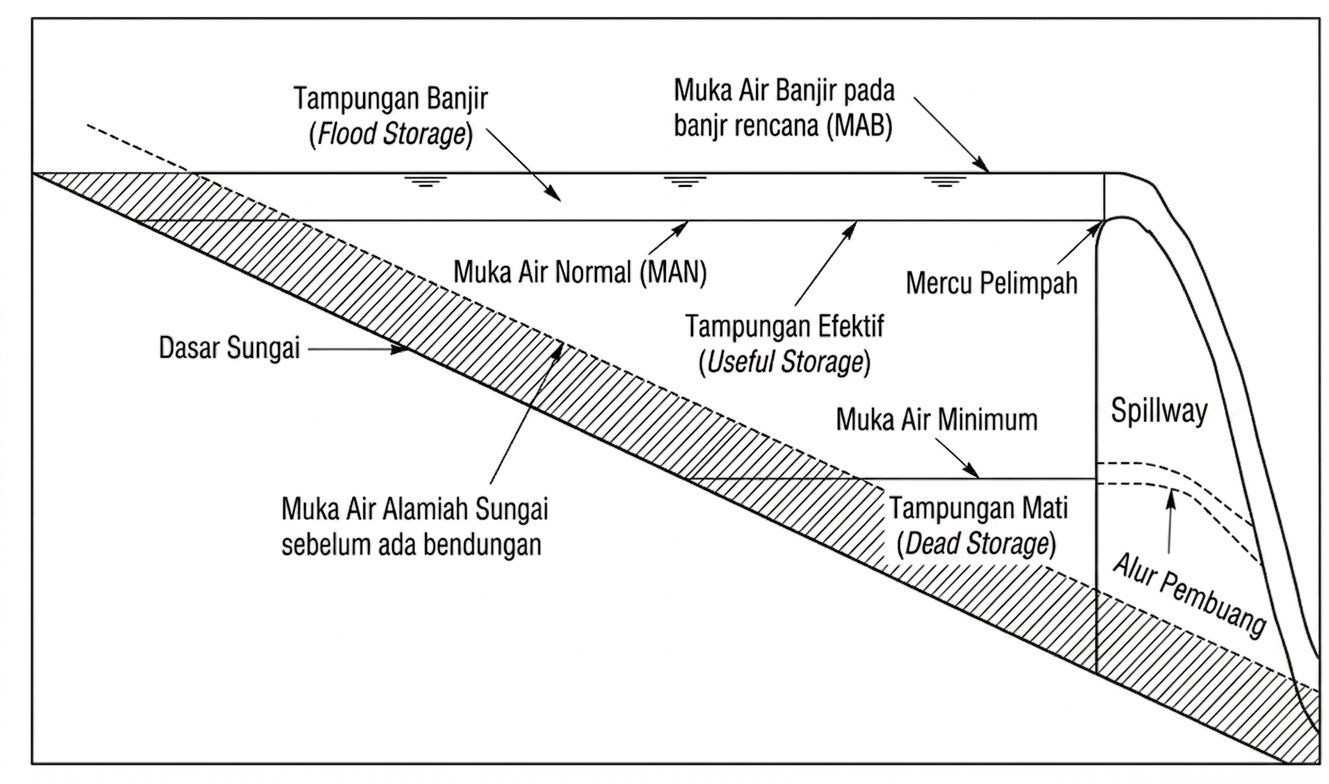 Ilustrasi zona tampungan waduk yang menunjukkan tampungan mati, tampungan efektif, tampungan banjir, muka air normal, dan muka air banjir.