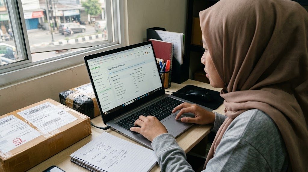 Ilustrasi aktivitas jual beli melalui marketplace dan kanal perdagangan online.