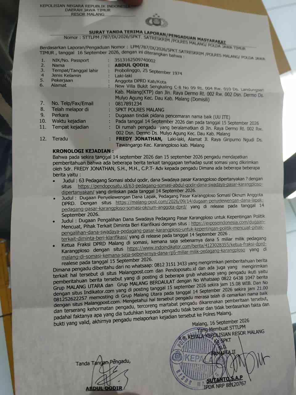 Surat Tanda Terima Laporan Abdul Qodir terhadap Fredy Jonathan di SPKT Satreskrim Polres Malang