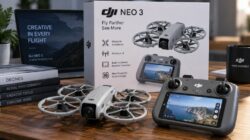Ilustrasi DJI Neo 3 dan remote controller berlayar