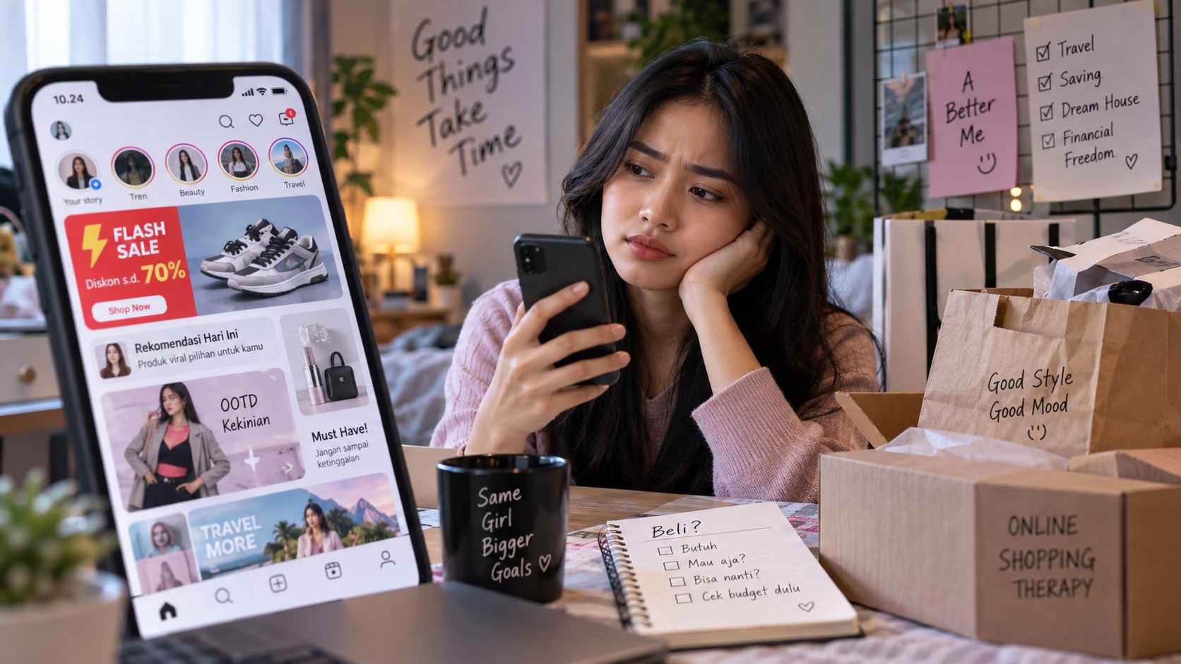 Anak muda melihat tren belanja viral di media sosial yang memicu FOMO