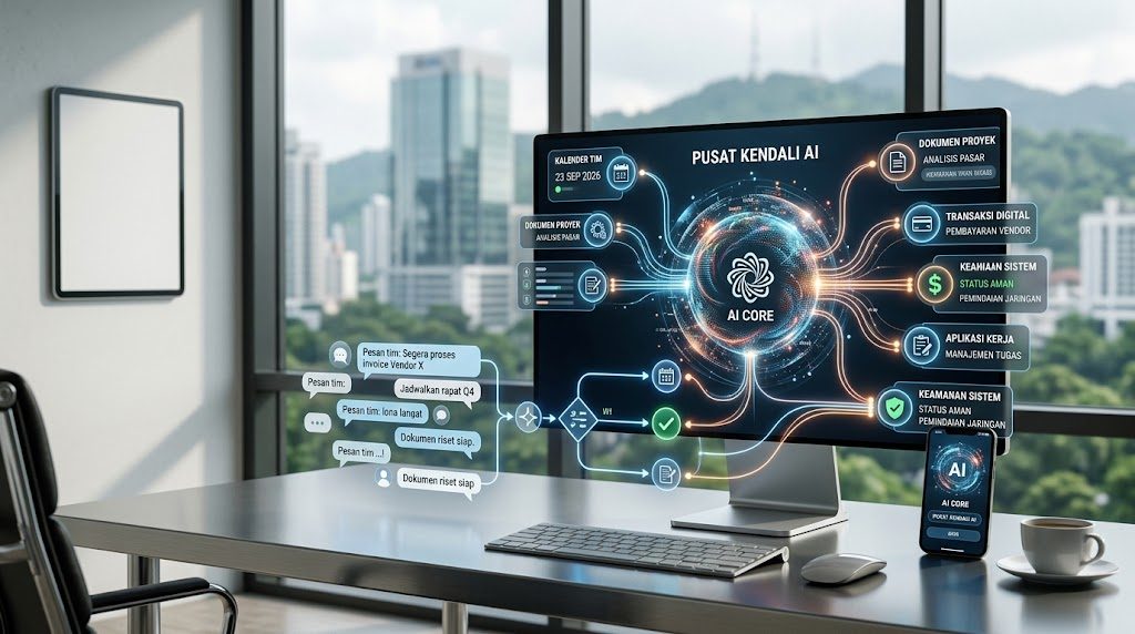 Ilustrasi AI agent menjalankan tugas melalui berbagai sistem digital