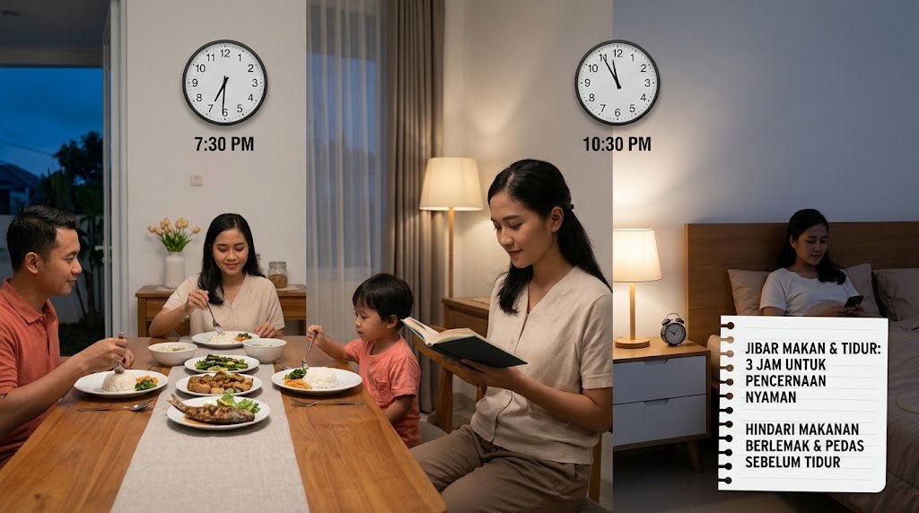 Ilustrasi seseorang menikmati makan malam beberapa waktu sebelum tidur.