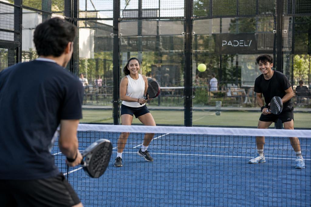 Anak muda bermain padel bersama di lapangan olahraga.