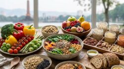 Beragam makanan tinggi serat berupa sayuran, buah, kacang-kacangan, dan biji-bijian di atas meja.