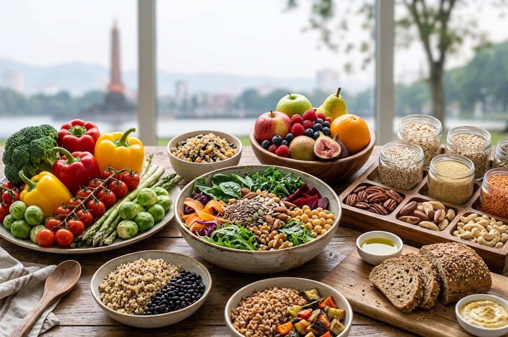 Beragam makanan tinggi serat berupa sayuran, buah, kacang-kacangan, dan biji-bijian di atas meja.