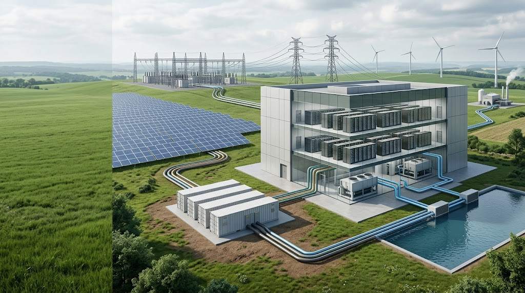 Ilustrasi pusat data AI dengan sistem energi dan pendinginan
