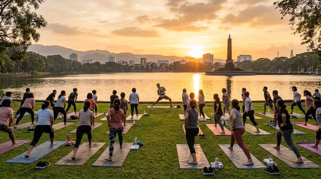 Peserta mengikuti sesi yoga outdoor saat matahari terbenam sebagai bagian dari aktivitas wellness.