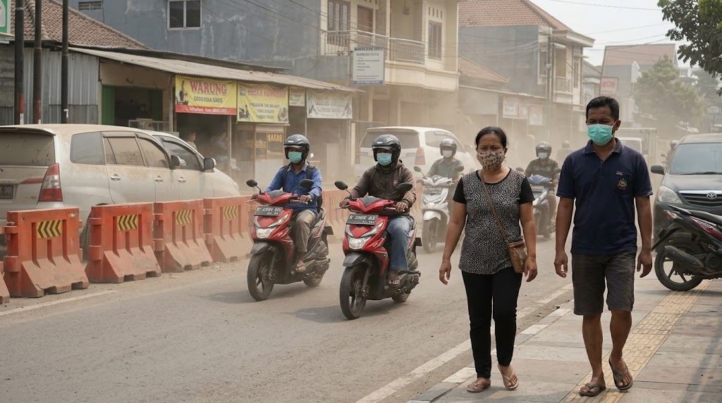 Warga menggunakan masker untuk mengurangi paparan udara berdebu
