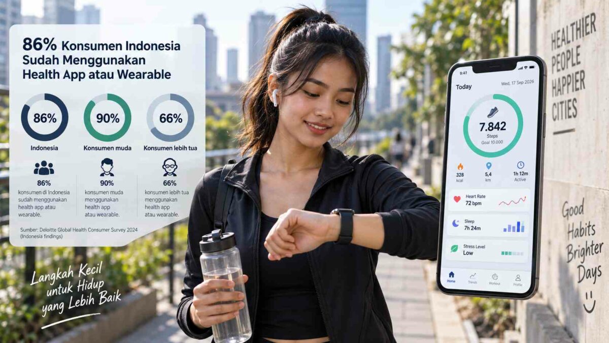 Anak muda menggunakan smartwatch dan aplikasi kesehatan untuk memantau gaya hidup sehat