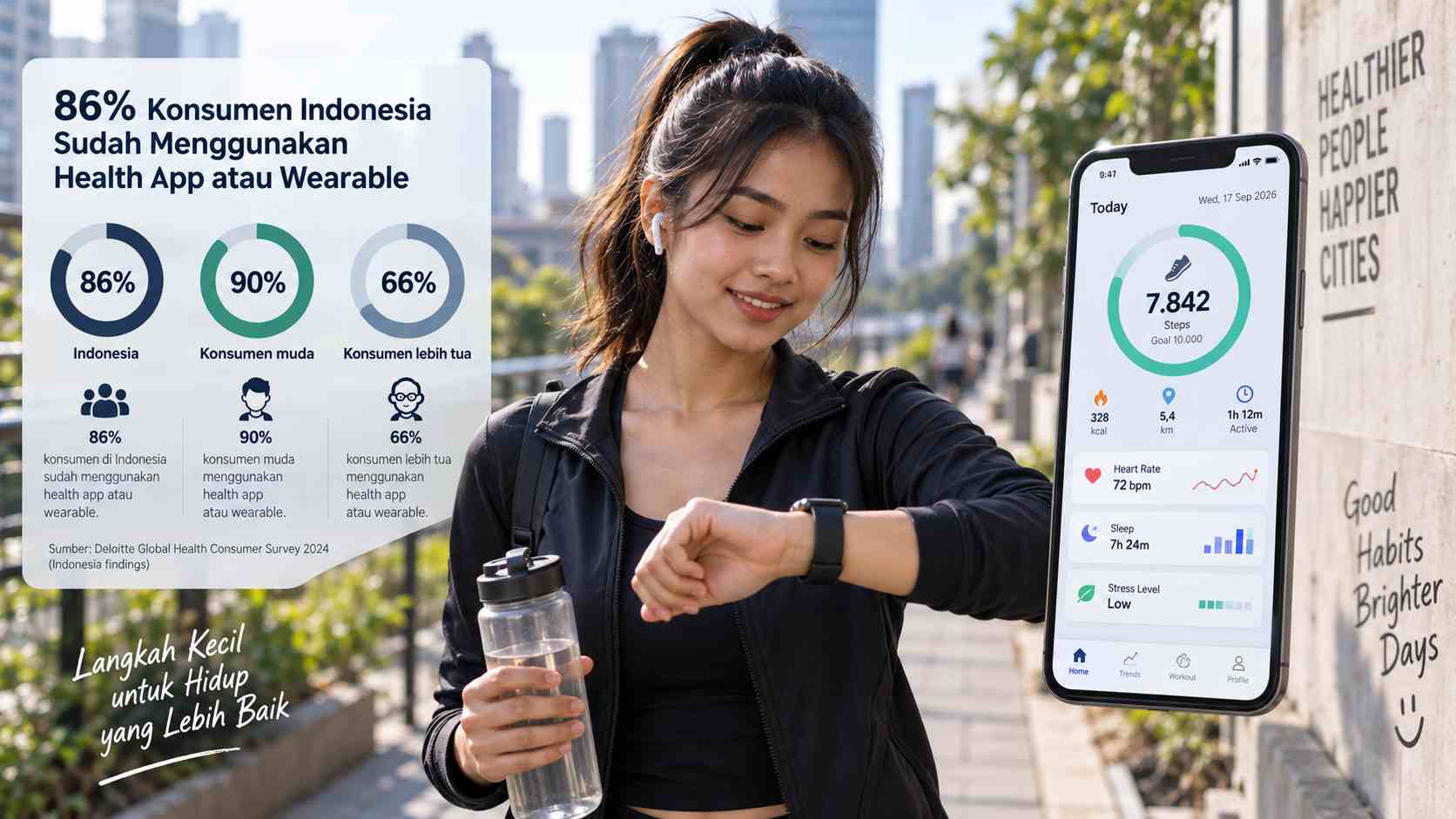 Anak muda menggunakan smartwatch dan aplikasi kesehatan untuk memantau gaya hidup sehat