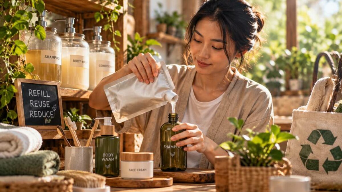 Produk perawatan tubuh ramah lingkungan dengan kemasan minim plastik, sampo batangan, dan sikat gigi bambu.
