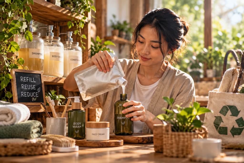 Produk perawatan tubuh ramah lingkungan dengan kemasan minim plastik, sampo batangan, dan sikat gigi bambu.