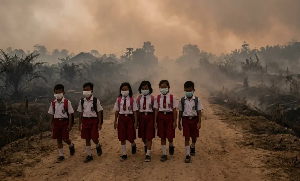 Kabut asap karhutla menyelimuti wilayah permukiman di Kalimantan saat kegiatan pendidikan menyesuaikan kondisi kualitas udara.