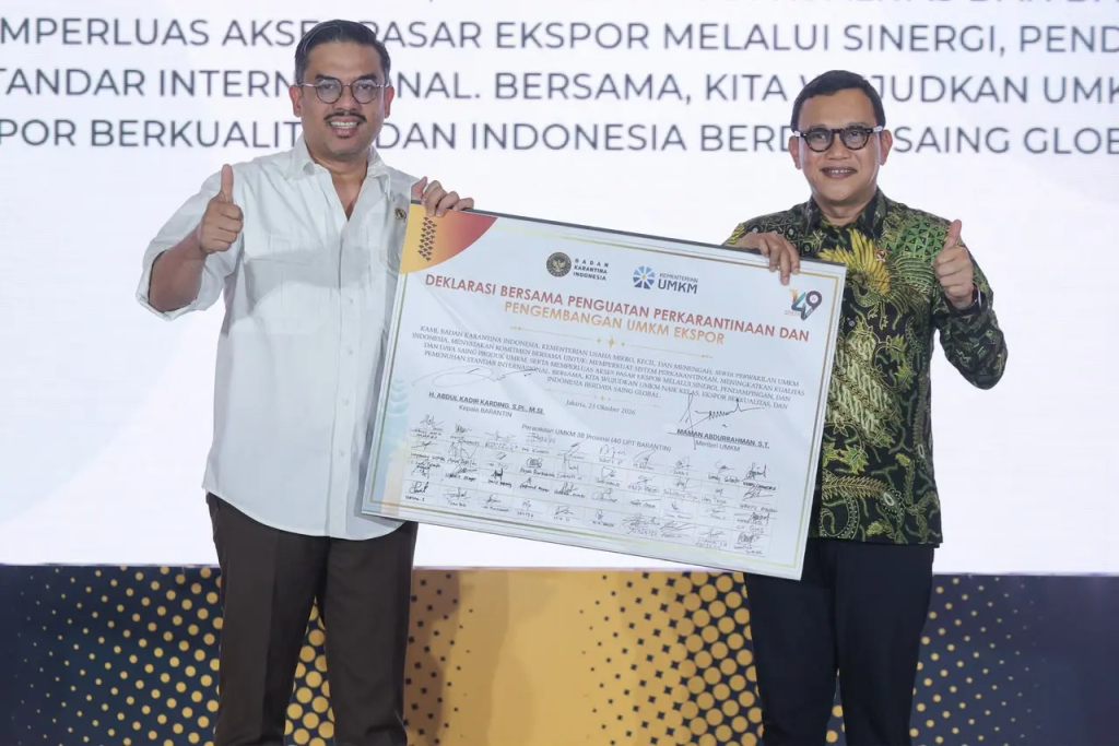 Menteri UMKM Maman Abdurrahman dalam kegiatan Indonesia Quarantine Expo 2026 yang membahas kolaborasi pengembangan ekspor UMKM.