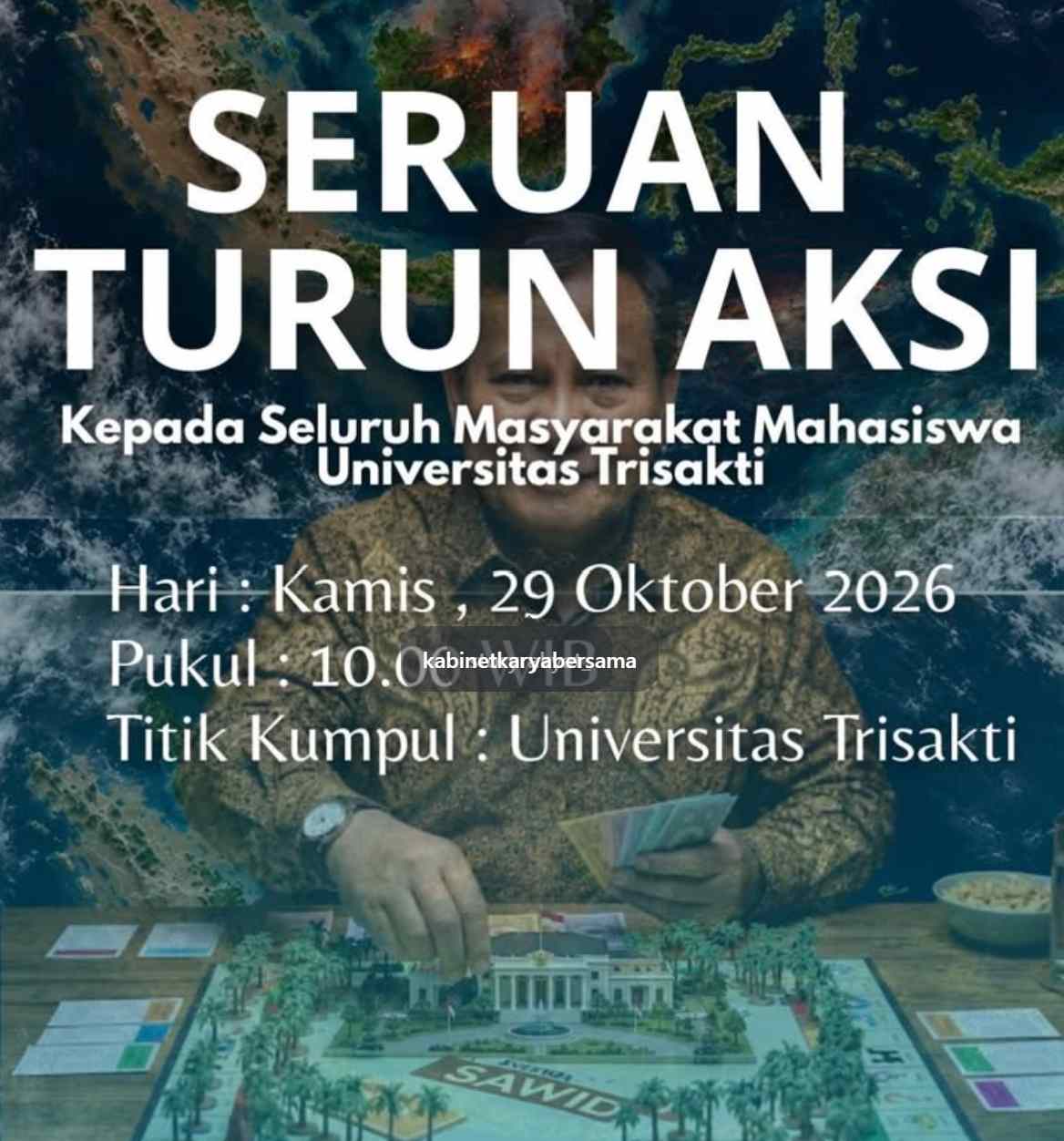 Ilustrasi aksi demonstrasi mahasiswa Universitas Trisakti menuju Istana Negara pada 29 Oktober 2026 untuk menyampaikan tiga tuntutan Tritura.