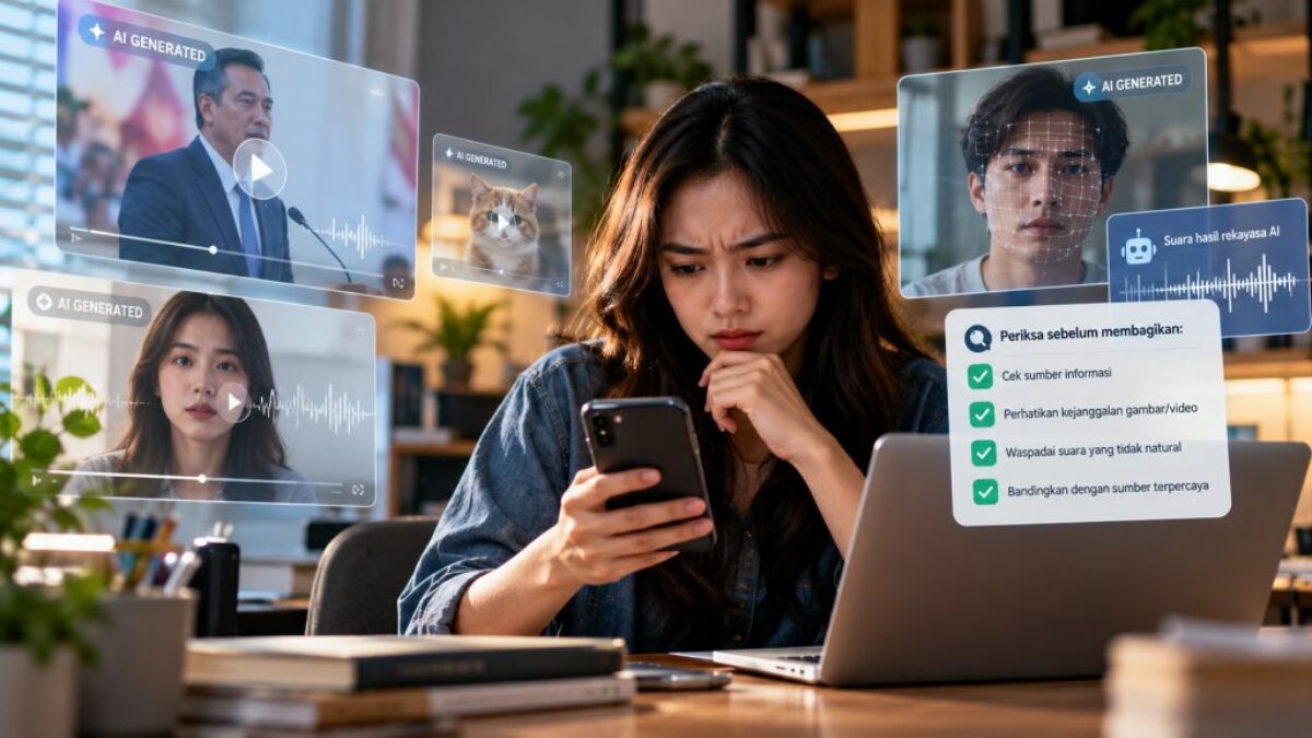 Ilustrasi konten deepfake AI yang menyerupai video dan suara asli di media digital.