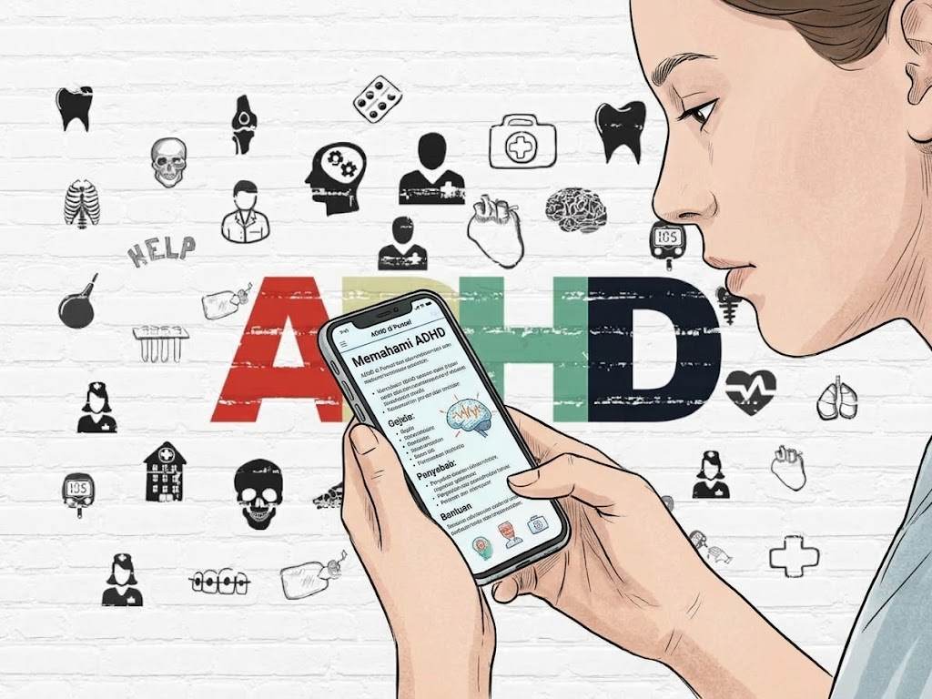 Seseorang membaca informasi tentang ADHD di ponsel dan mempertanyakan gejala kesulitan konsentrasi yang dialaminya.