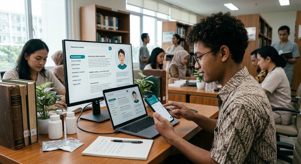 Mahasiswa menggunakan laptop untuk mengakses AI dalam proses belajar dan mengerjakan tugas akademik.