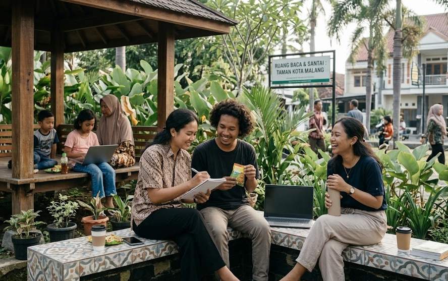Mahasiswa bersantai dan belajar di ruang publik Kota Malang untuk menerapkan frugal living dan slow living.