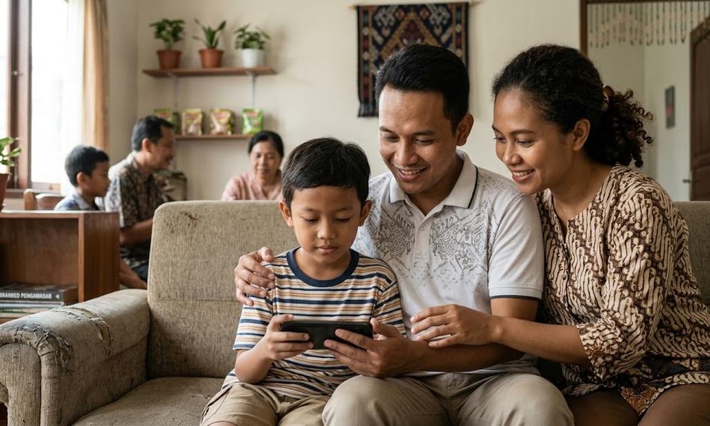 Orang tua mendampingi anak menggunakan HP dan mengatur kebiasaan digital yang aman.