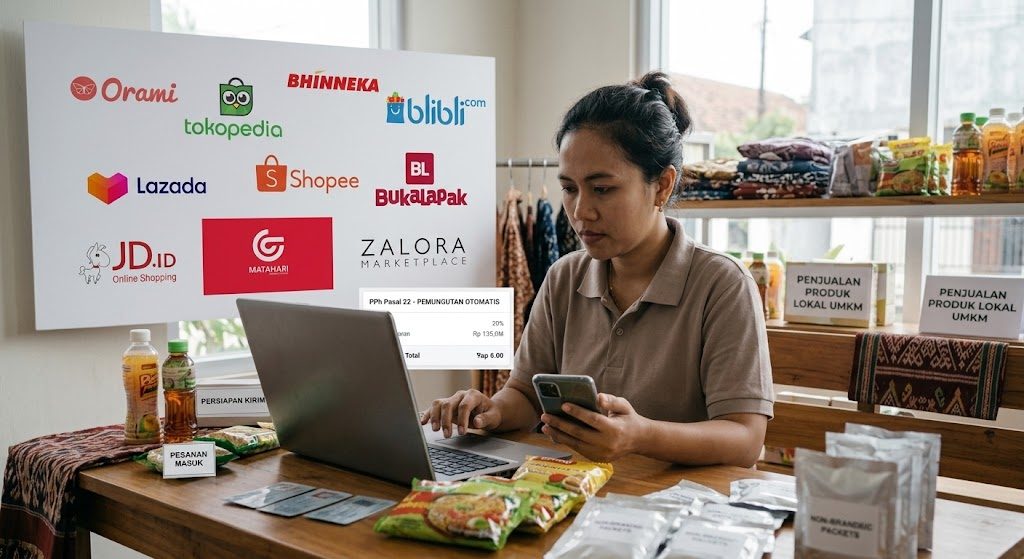 Pelaku UMKM memeriksa transaksi penjualan online dan administrasi pajak marketplace.