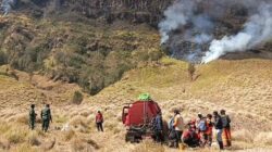 Petugas gabungan berupaya memadamkan kebakaran hutan dan lahan di kawasan Taman Nasional Bromo Tengger Semeru.