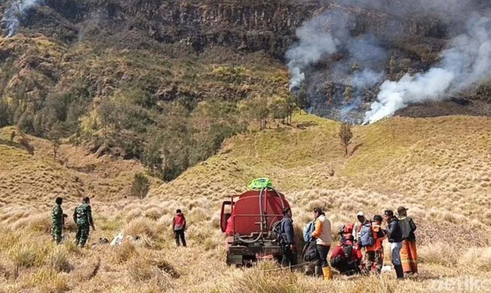 Petugas gabungan berupaya memadamkan kebakaran hutan dan lahan di kawasan Taman Nasional Bromo Tengger Semeru.