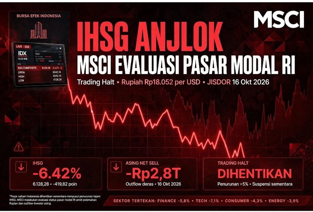 IHSG anjlok di tengah aksi jual investor asing dan usulan MSCI mengubah status pasar saham Indonesia.