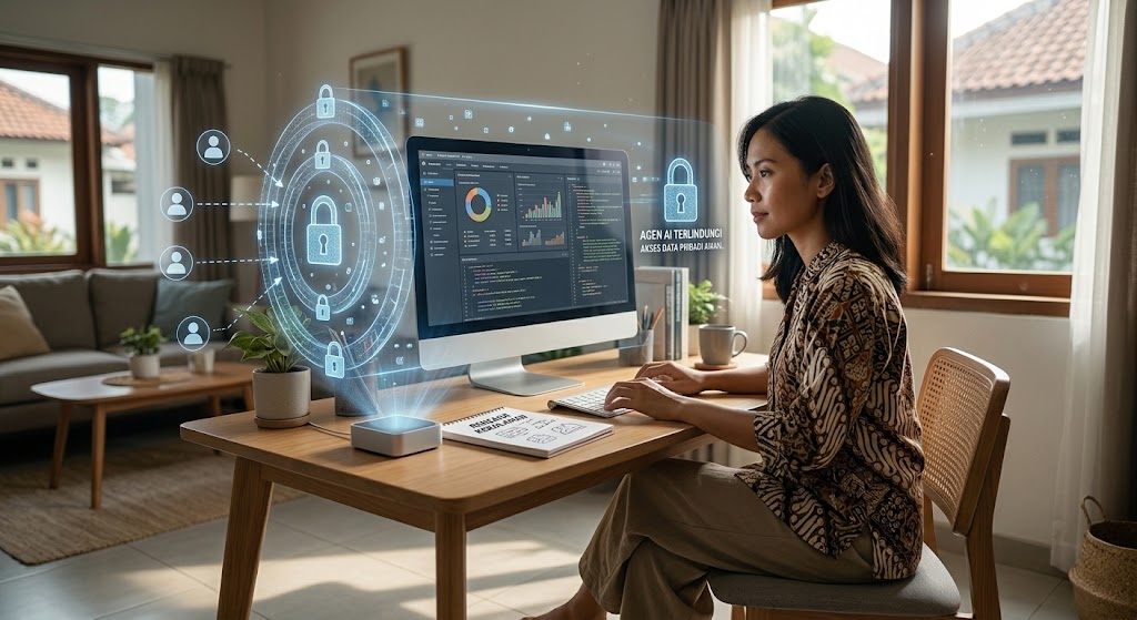Ilustrasi AI Agent dan keamanan akses data pribadi pada komputer Mac.